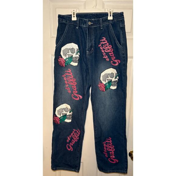 Fashion skull and rose print loose fit wide leg‎ size medium